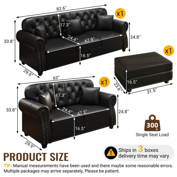 English Elm Upholstered Faux Leather Chesterfield Sofa with Button Tufting Nailhead Trim and Pillows Black W1885S00436