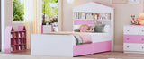 English Elm Twin Size House-Shaped Wooden Bed With Storage Shelf On The Headboard, Built-In Two Storage Drawers, Pink