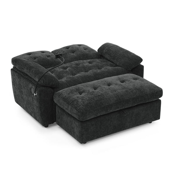 English Elm Leisure Chenille Two Seat Reclining Sofa with Usb Port Storage Ottoman Padded Armrests Black W487S00521