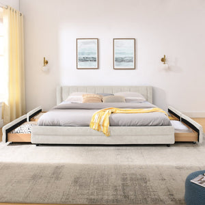 English Elm King Chenille Upholstered Platform Bed with Storage Drawers and Structured Headboard Beige W487S00414