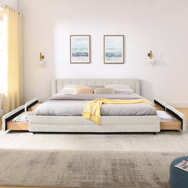 English Elm King Chenille Upholstered Platform Bed with Storage Drawers and Structured Headboard Beige W487S00414