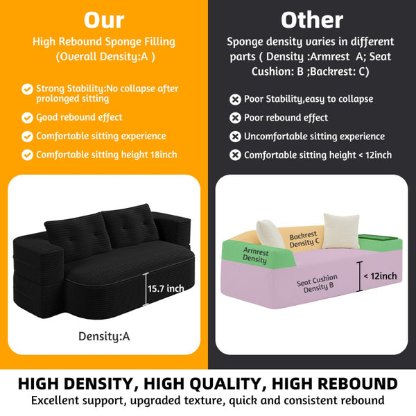 English Elm 78.7" Plush Corduroy Convertible Sleeper Sofa with Tufted Back and Foldable Floor Bed Black W3219P410146