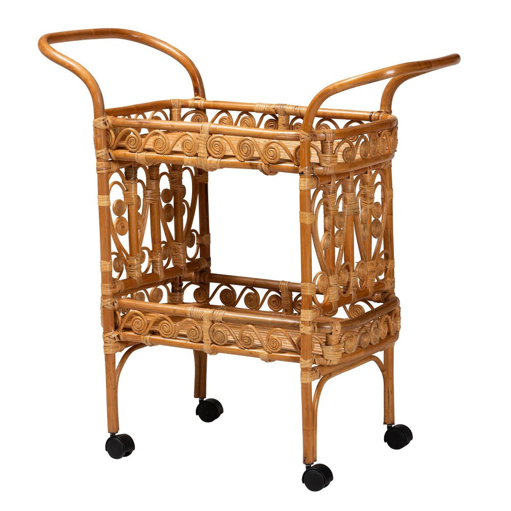 English Elm Modern Rattan Kitchen Cart with Slatted Shelves Bohemian Woven Storage on Wheels B2750P467708