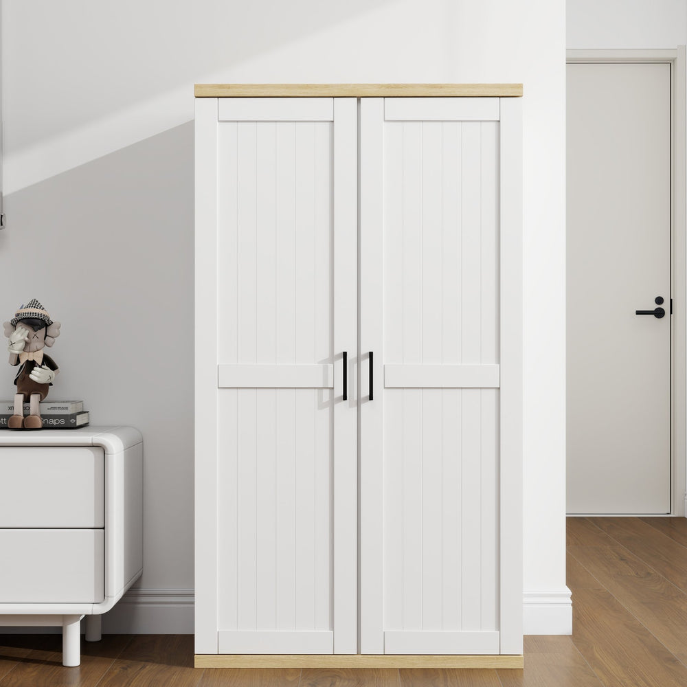 English Elm 55.1" Tall Wooden Vacuum Storage Cabinet with Adjustable Shelf, 2-Door Slim Broom Closet, White Durable Finish W282P338171