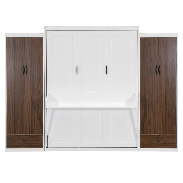 English Elm Queen Murphy Wall Bed with Fold Down Desk Dual Wardrobes and Drawers in White LP000925AAK