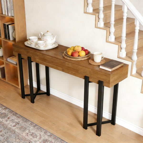 English Elm Practical Geometric Console Table with Matte Black Wood Grain Finish for Entryway or Sofa T3971P452927