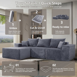 English Elm 4-Piece Modular L-Shaped Sectional Sofa with Corduroy Upholstery, Convertible Chaise, Pillows Included Grey W3163S00037