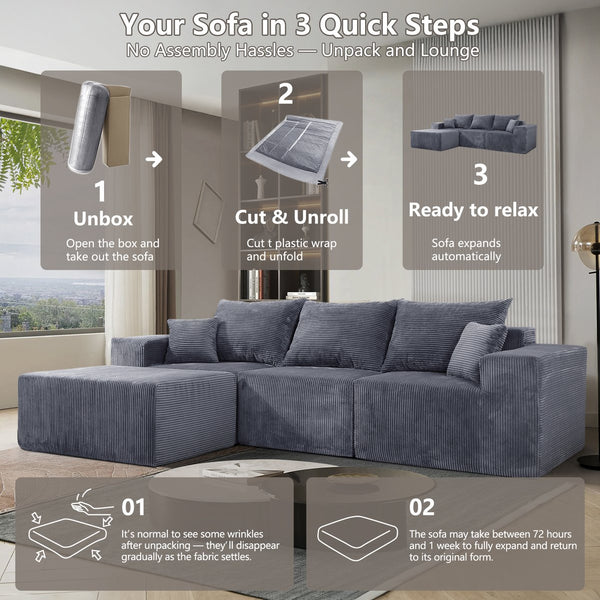 English Elm 4-Piece Modular L-Shaped Sectional Sofa with Corduroy Upholstery, Convertible Chaise, Pillows Included Grey W3163S00037