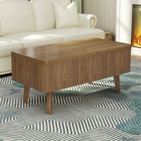 English Elm 3 in 1 Oval Lift Top Coffee Table Fluted Wood Storage Converts for Living Room W2641P422965