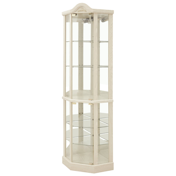 English Elm Lighted Corner Curio Cabinet With Adjustable Shelves, Elegant Carved Design & Integrated Lighting - White W1758P300128