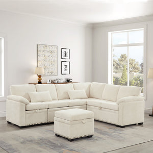 English Elm 97 Inch L-shaped Chenille Sectional Sofa with Sleeper Storage Ottoman 7 Seats Beige W1669S00017
