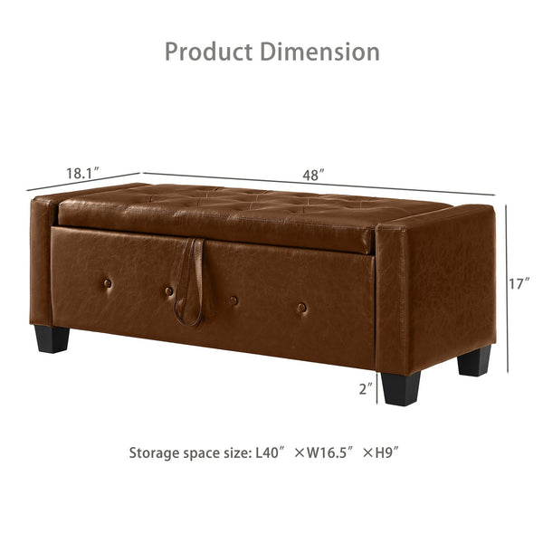 English Elm 48" Storage Ottoman Bench with Tufted Faux Leather Upholstery, Solid Wood Frame & 300lb Capacity Brown W1097P338778