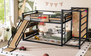 English Elm Twin Metal Loft Bed with Slide Basketball Hoop Climbing Wall and Built-in Shelves W1580S00632