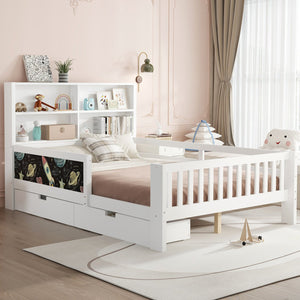 English Elm Full Solid Wood Platform Bed with Chalkboard Headboard, Storage Drawers & Shelves, Kid-Friendly White Off White W1580P362707