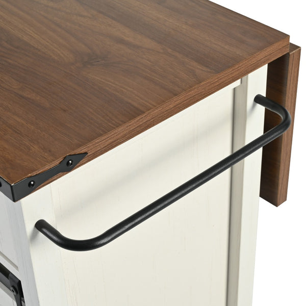 English Elm K&k Farmhouse Rolling Kitchen Island with Drop Leaf Power Outlets and Storage Cabinet White N707S170347W