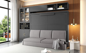 English Elm Queen Murphy Wall Bed Sofa with Open Shelving Usb Charging and Integrated Studio Lighting Gray LP100764AAE