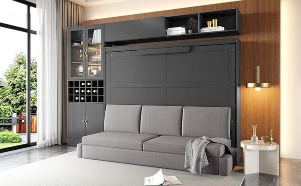 English Elm Queen Murphy Wall Bed Sofa with Open Shelving Usb Charging and Integrated Studio Lighting Gray LP100764AAE