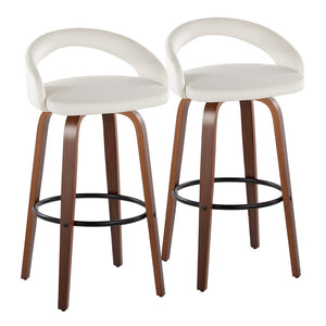 English Elm Fixed-height Swivel Barstools Walnut Bentwood Legs White Velvet Seat Set of 2 B202S01916