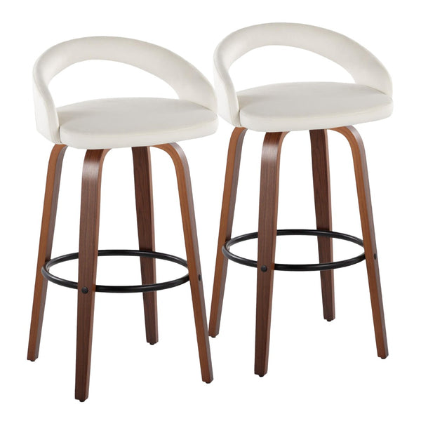 English Elm Fixed-height Swivel Barstools Walnut Bentwood Legs White Velvet Seat Set of 2 B202S01916