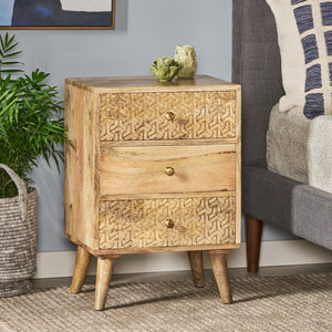 English Elm Christopher Knight Home® - 3 Mango Wood 3-Drawer Bedside Nightstand with Carved Geometric Texture, Boho Handcrafted Accent 71753.00