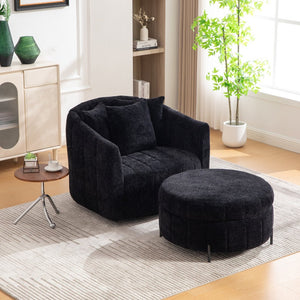English Elm 39"w Swivel Barrel Club Chair with Channel Tufted Chenille and Round Storage Ottoman Set Black W3118S00050