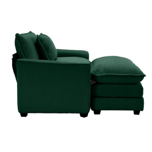 English Elm Comfortable Single Chair With Footstool And Pillow - Luxurious Green Corduroy For Living Spaces W714S00702