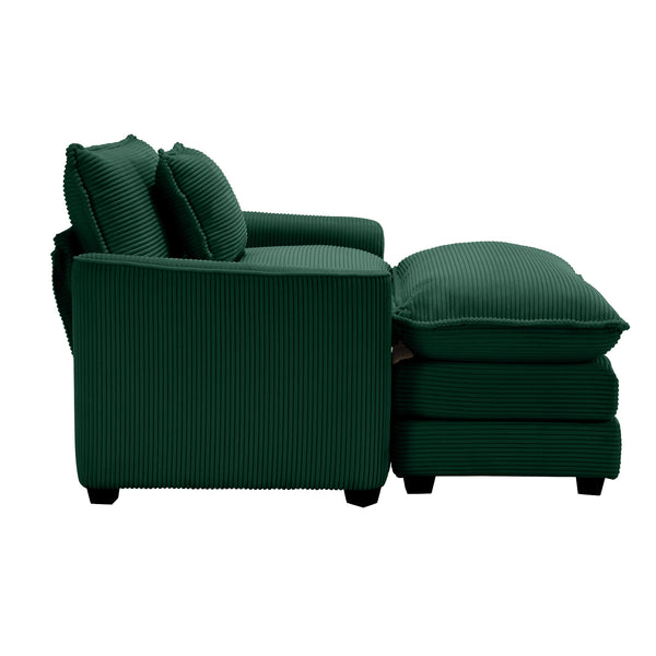 English Elm Comfortable Single Chair With Footstool And Pillow - Luxurious Green Corduroy For Living Spaces W714S00702