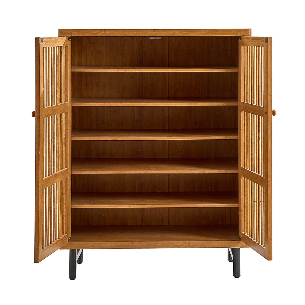 English Elm Shoe Cabinet with Louver Doors, 6-Tier Adjustable Shelves, MDF Storage Rack with Metal Legs for Entryway Natural W3417P388711