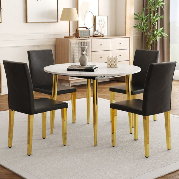 English Elm Table and Chair Set Extendable Round Mdf Top Gold Legs Four Pu Dining Seats Black,White+Gold W1151S04830
