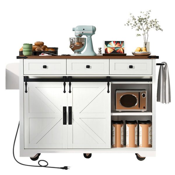 English Elm K&k Farmhouse Rolling Kitchen Island with Drop Leaf Power Outlets and Storage Cabinet White N707S170347W