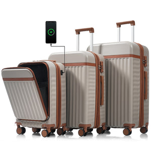 English Elm Luggage 3 Piece Abs Hard Shell Set with Usb Port Front Access and Spinner Wheels Khaki N726P307555K