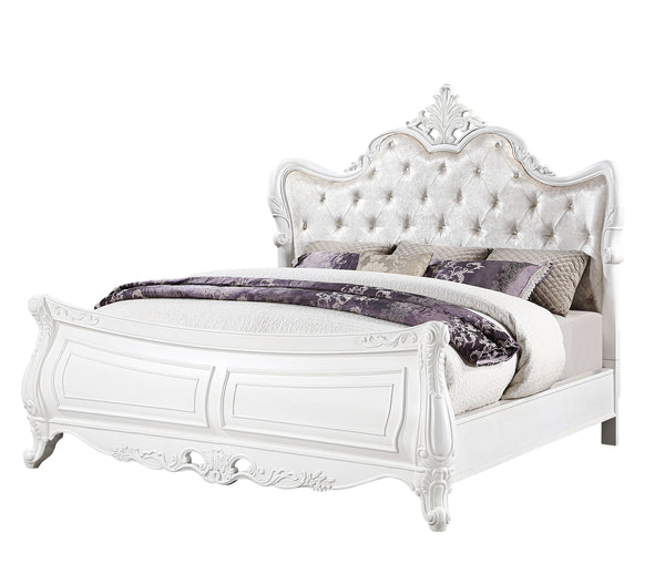 English Elm Opulence Queen Bed In Pearl White - Luxurious Velvet Tufted Headboard & Classic Carved Details B009S01366