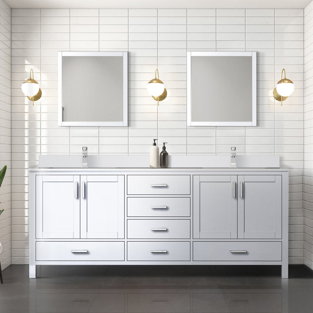 English Elm White Double Bath Vanity 80 in. W x 22 in. D with White Quartz Top, Chrome Faucets, 30" Mirrors, Durable Finish B2731S01055