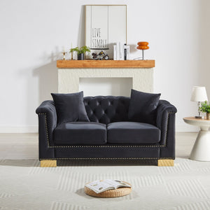 English Elm {video] Chesterfield Two-seater Velvet Sofa with Nailhead Trim and Tufted Gold Leg Luxury Black+Blue W1926S00094