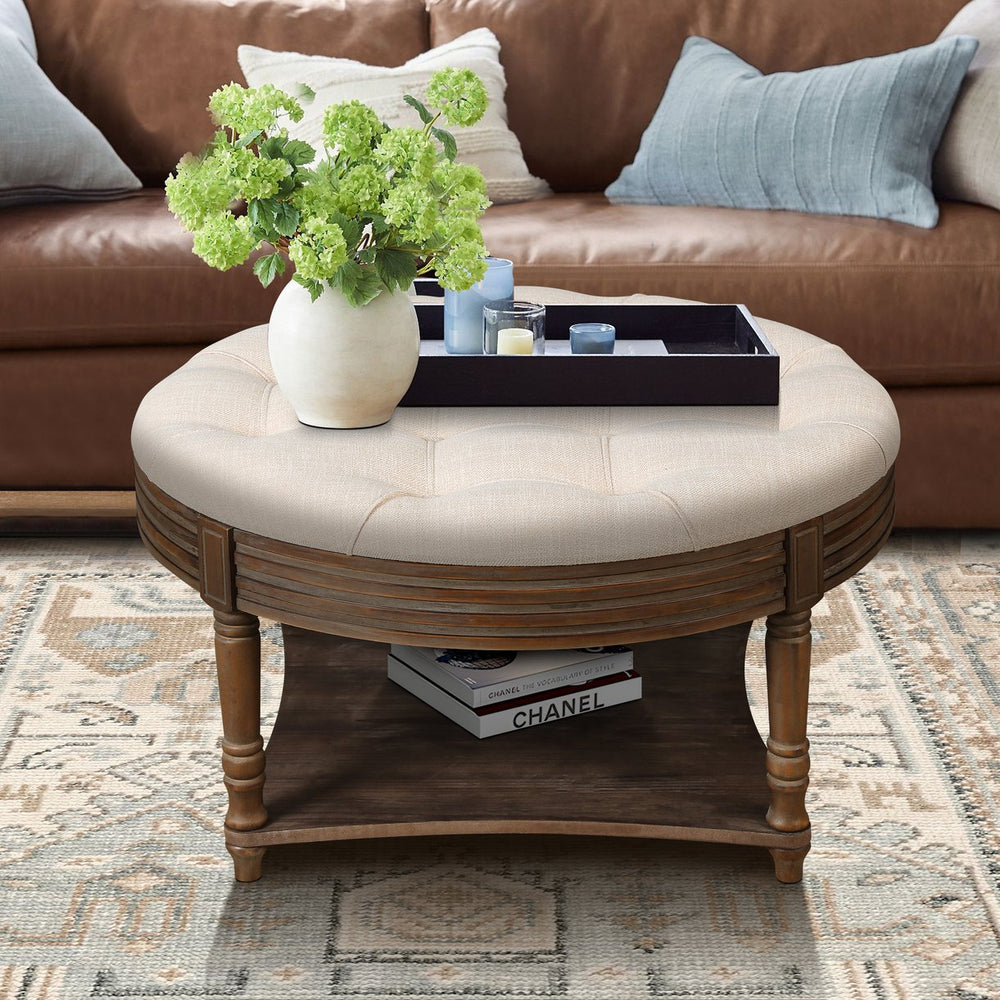 English Elm Large Round Tufted Ottoman Coffee Table with Two-Tier Wooden Shelf Storage, Waterproof Upholstery, Farmhouse Charm Beige+White W1445P235089