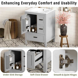 English Elm Modern 24 Inch Bathroom Vanity Solid Wood Cabinet with Ceramic Sink and Soft Close Storage Gray N729P292859E