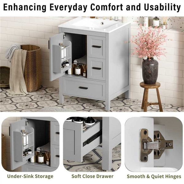 English Elm Modern 24 Inch Bathroom Vanity Solid Wood Cabinet with Ceramic Sink and Soft Close Storage Gray N729P292859E
