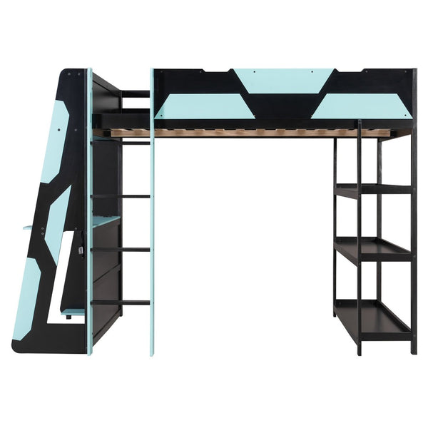 English Elm Full Size Gaming Loft Bed with Led Lighting Desk Shelves and Usb Charging Ports Black+Blue N820S00076C