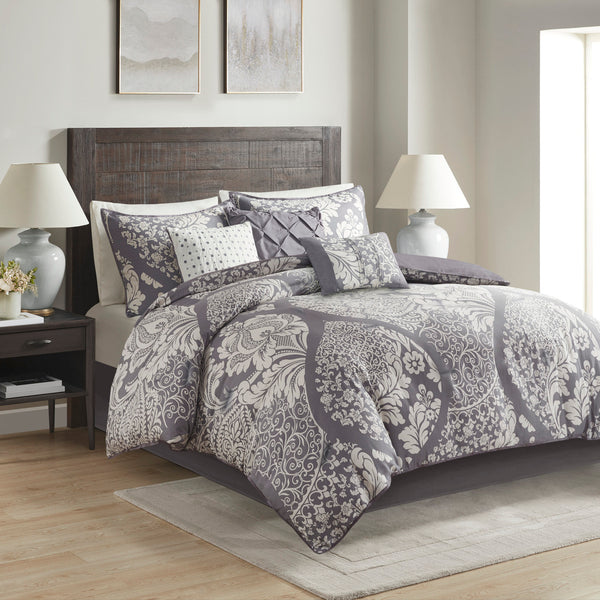 English Elm 7 Piece Cotton Printed Comforter Set In Grey - Elegant Damask Design With Pillows & Bed Skirt B03597027
