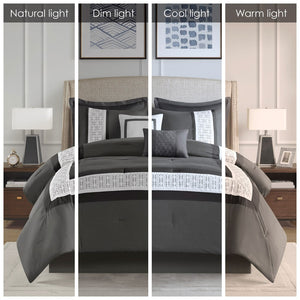 English Elm 8 Piece Embroidered Comforter Set In Dark Grey - Elegant Hotel-Style Queen Bedding For Modern Retreat B035P266658