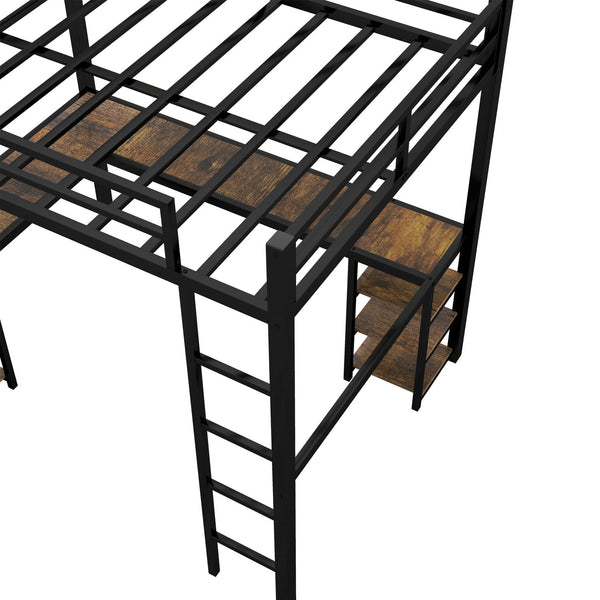English Elm Full Metal Loft Bed With Vintage Wood Desk & Shelves - Stylish Space-Saving Solution For Bedrooms W1580S00040