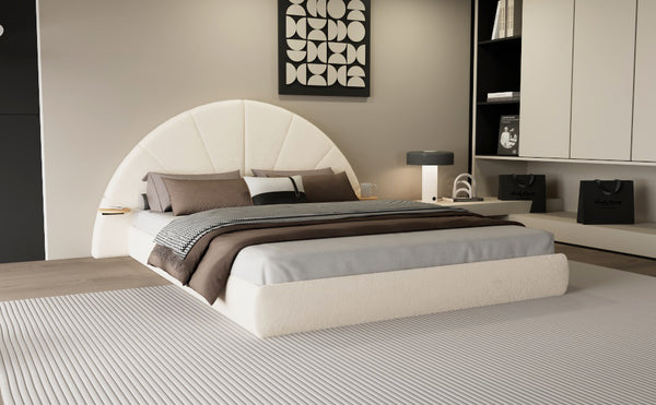 English Elm Christopher Knight Home® - Unique Arched Bouclé Bed Queen Beige with Built-In Side Table, Plush Fabric, Stable 800lb Capacity N769P294907Q