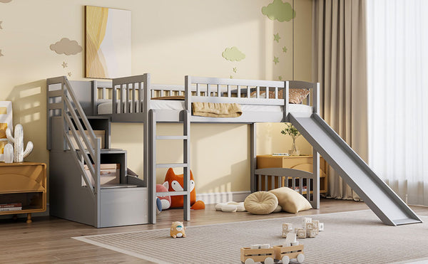 English Elm Stairway Twin Loft Bed with Storage Staircase Slide and Guardrails for Kids Gray LT000515AAE-2