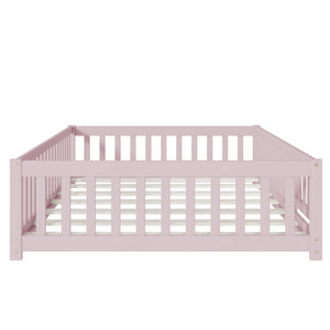 English Elm Twin Solid Rubberwood Floor Bed with Full Perimeter Safety Rails for Toddler Rooms Pink W504P296791