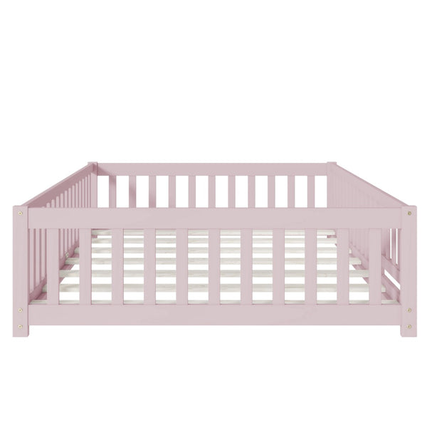 English Elm Twin Solid Rubberwood Floor Bed with Full Perimeter Safety Rails for Toddler Rooms Pink W504P296791