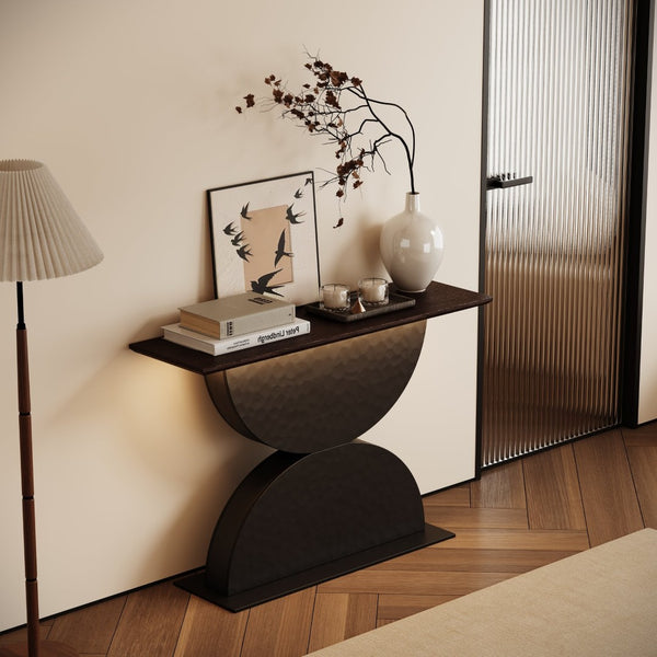 English Elm 47''double Semi-circle Console Table with Led Lighting and Sculptural Hammered Wood Base W2263P395491