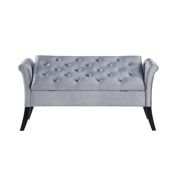 English Elm Velvet Upholstered Storage Bench with Button Tufting, Flared Arms and Wooden Legs, Luxe Hidden Storage Silver B016P383445