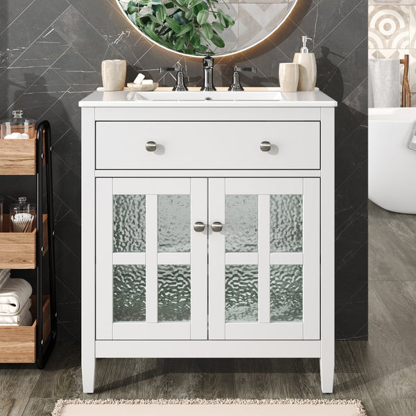 English Elm Christopher Knight Home® - 30" Bathroom Vanity with Ceramic Sink, Solid Wood Legs, Adjustable Shelf, Tip-Out Tray, Soft-Close Hinges, Silver Knobs, Moisture-Resistant Finish White N817P286250W