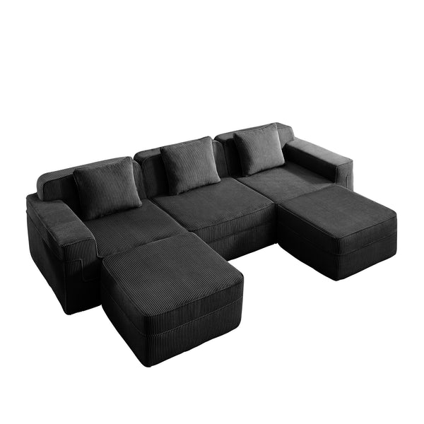 English Elm Modular 3-Seat U-Shaped Sectional Sofa - Cloud-Like Comfort With Movable Ottomans & Pillows W3041S00326