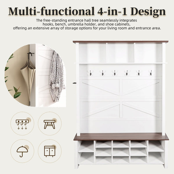 English Elm ON-TREND Farmhouse 4-in-1 Hall Tree with 6 Hooks, Walnut Bench, 16 Compartments, Rustic Entryway Organizer White N721P264915K